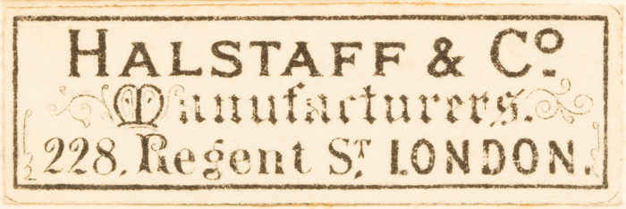 Manufacturer's label for Halstaff & Co, 228 Regent Street, London from 1898.