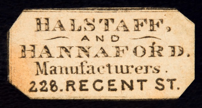 Paper label bearing the manufacturer's and retailer's mark of, Halstaff & Hannaford of 228 Regent Street, London.