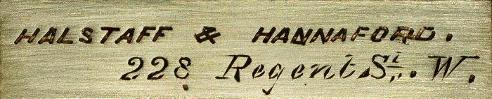 Halstaff & Hannaford engraved brass manufacturer's plate from an antique jewellery box in figured walnut.