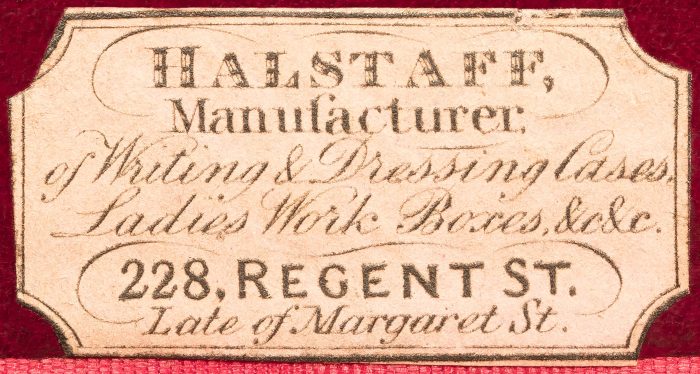 An 1842 manufacturer's Label for William Halstaff, 228 Regent Street, London.