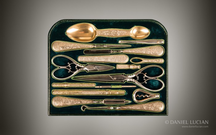 Vanity tool tray from an antique dressing case in burr walnut with silver-gilt / gold fittings by Asprey & Sons.