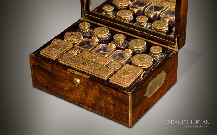 Antique Dressing Case in Rosewood with Silver-Gilt / Gold Fittings by Asprey.