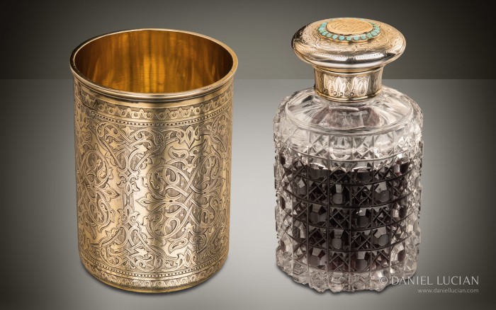 Silver-gilt spirit bottle and beaker set from an antique dressing case by Asprey & Sons.