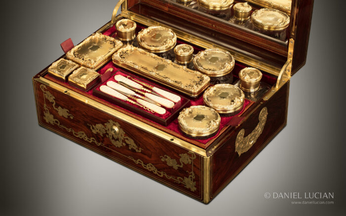 Antique Nécessaire de Voyage Dressing Case in Rosewood with Floral and Foliate Brass Inlay, by Louis Aucoc.