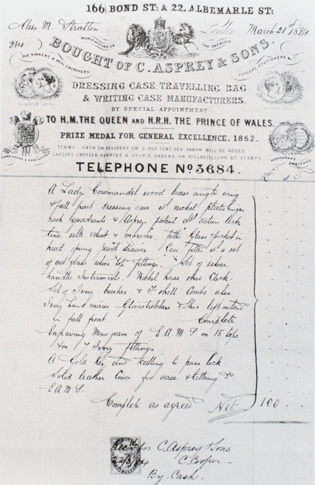 A Charles Asprey & Sons invoice for a coromandel box with 'Angle Wing' mechanism from 1884.