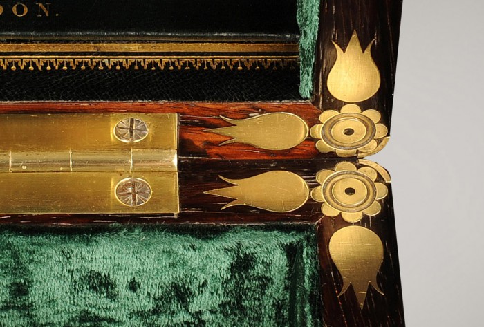 Inlaid decorative brass corner mounts from an antique jewellery box by Edwards.