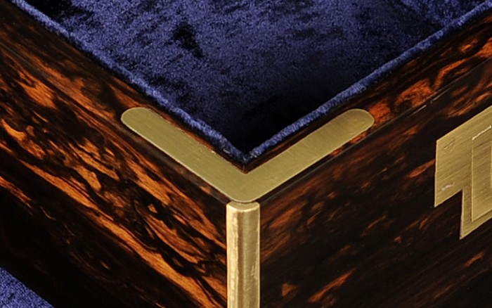 Late Victorian brass corner mount from an Asprey antique jewellery box in coromandel.