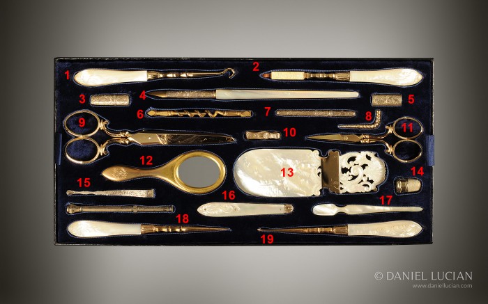 Vanity tool tray from an antique dressing case in calamander with silver-gilt / gold fittings by Walter Thornhill.