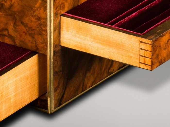 Solid satinwood side drawer with dovetail joints.