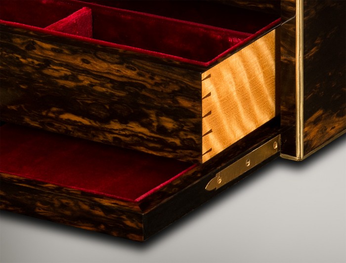 Solid satinwood drawer from an antique jewellery box in coromandel by Jenner & Knewstub.