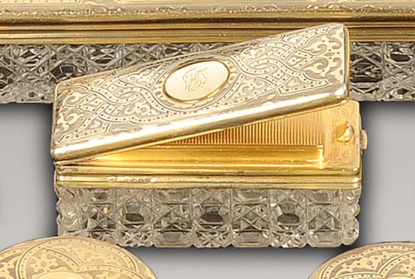 Antique matchbox and match striker with silver-gilt / gold lid by Walter Thornhill.