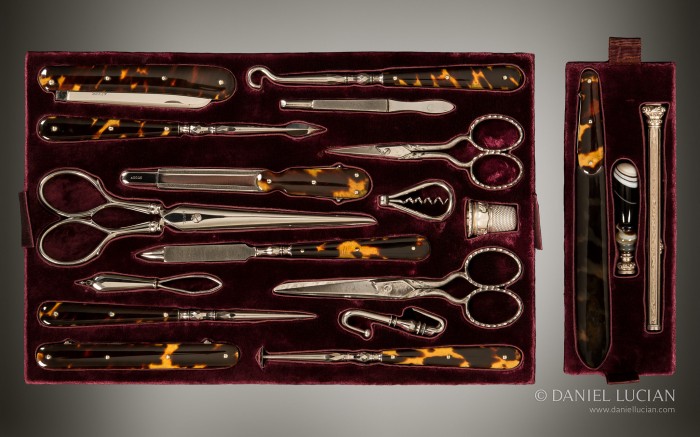 Vanity tool tray from an antique nécessaire de voyage dressing case by Aucoc Ainé à Paris.