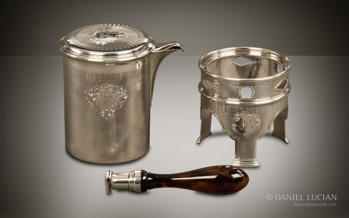 Engine turned silver kettle and drinking set from a French nécessaire de voyage by Aucoc Ainé à Paris.