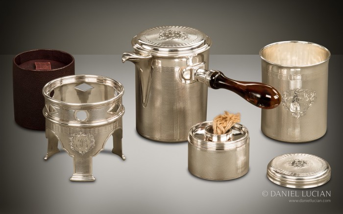 Engine turned silver kettle and drinking set from a French nécessaire de voyage by Aucoc Ainé à Paris.