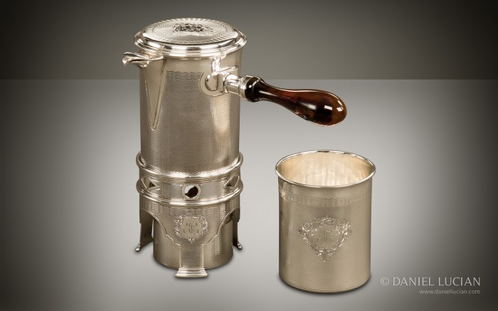 Engine turned silver kettle and drinking set from a French nécessaire de voyage by Aucoc Ainé à Paris.