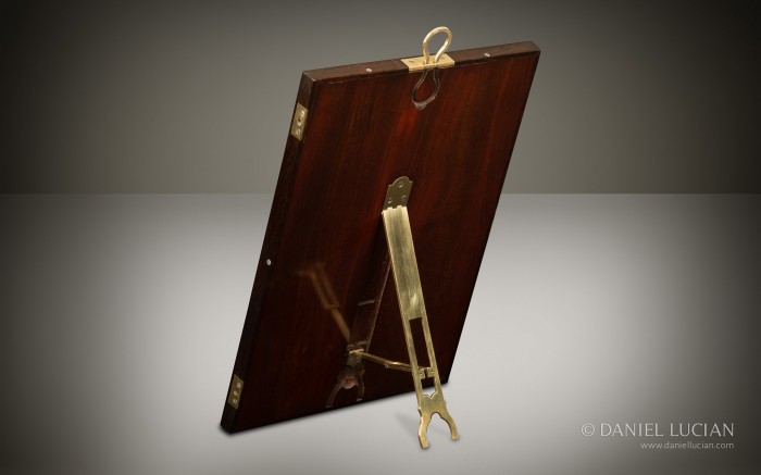 French brass inlaid easel mirror with mahogany back and brass hinged stand from an antique nécessaire de voyage dressing case by Aucoc Ainé à Paris.