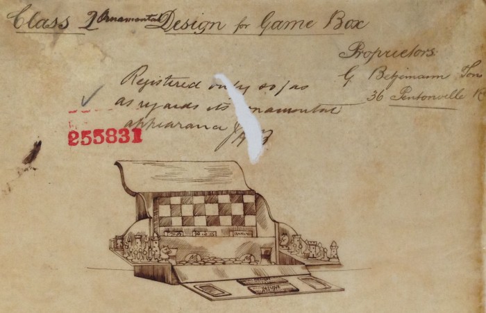 Betjemann patent design for a games box.