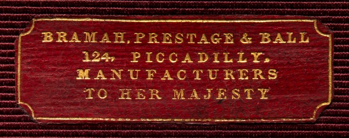 Bramah, Prestage & Ball manufacturer's label from an antique jewellery box in rosewood.