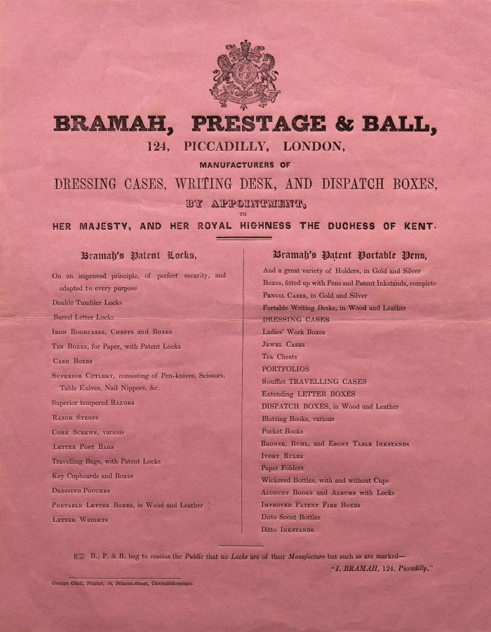 Bramah, Prestage & Ball advertising literature.