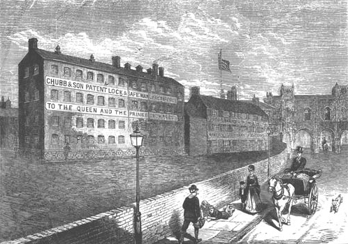 Etching of the Chubb building in Wolverhampton, circa 1870.