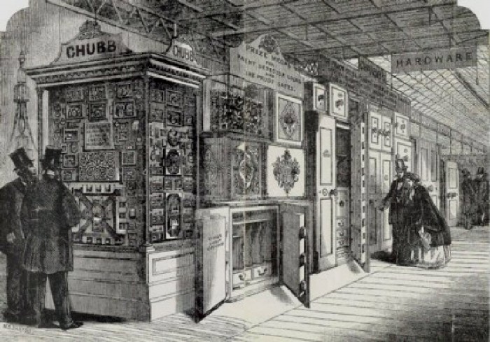 Lithograph of the Chubb stand at the Great Exhibition of 1851.