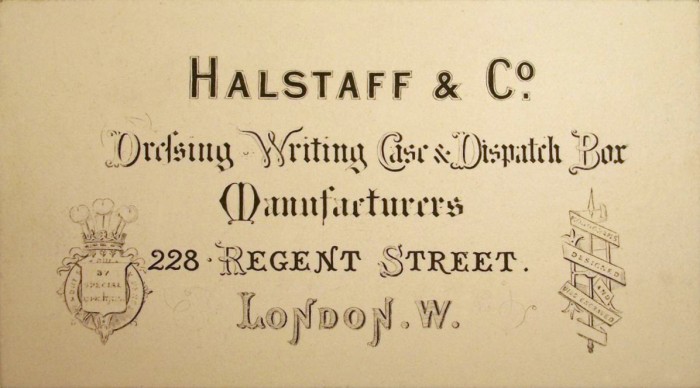 Business card for Halstaff & Co, 228 Regent Street, London.