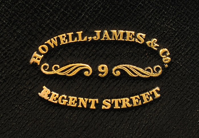 ‘Howell, James & Co, 9 Regent Street’ gold tooled manufacturer’s mark from an antique jewellery box in amboyna.