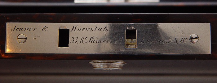 Bramah lock engraved with 'Jenner & Knewstub, 33, St. James's St, London S.W' from a coromandel jewellery box with Betjemann Patent mechanism.