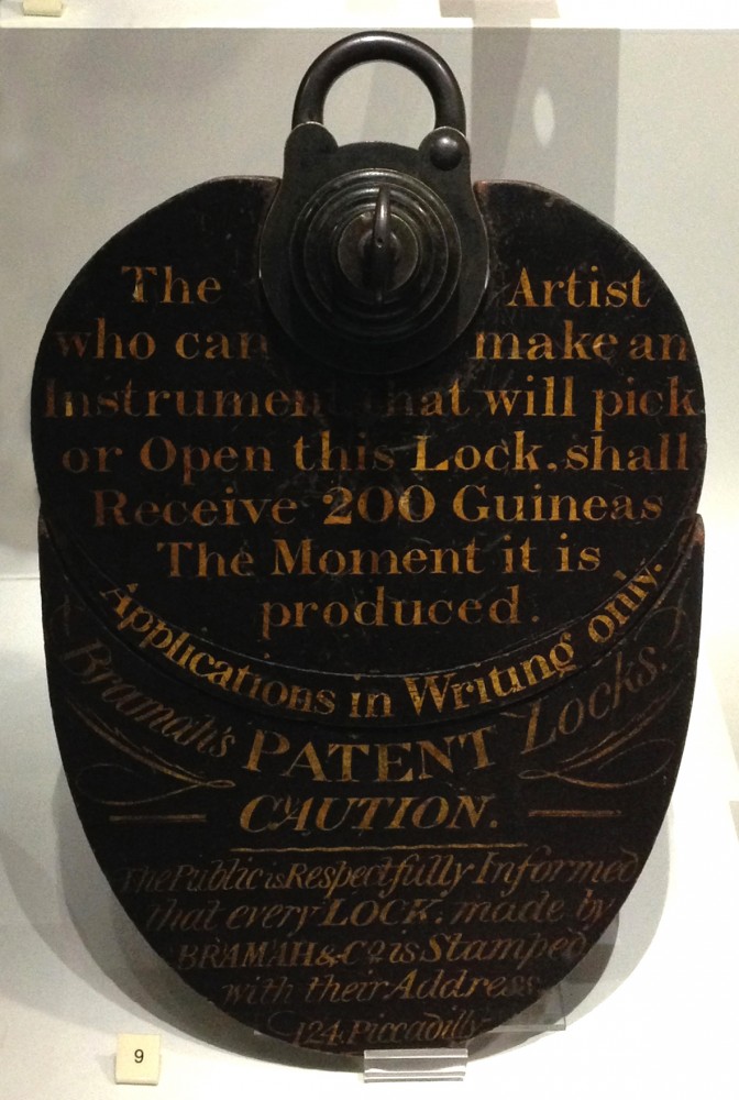 Joseph Bramah’s ‘Challenge Lock’ mounted within its challenge board, as displayed in his shop window from 1790.