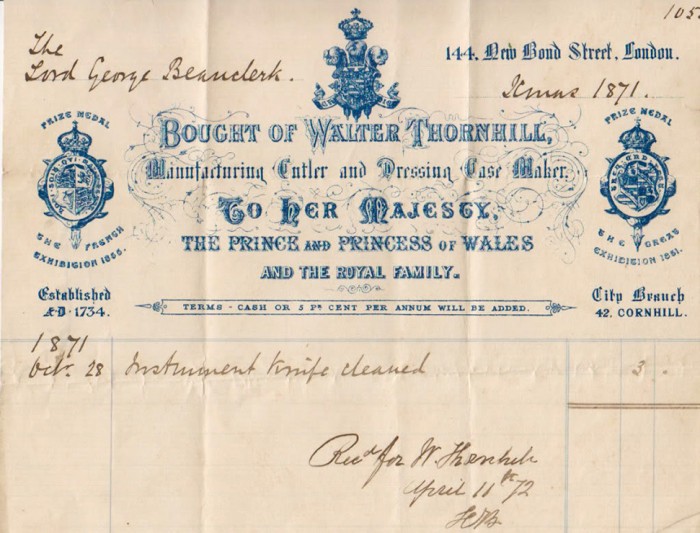 An invoice from Walter Thornhill - 144 Bond Street, London.