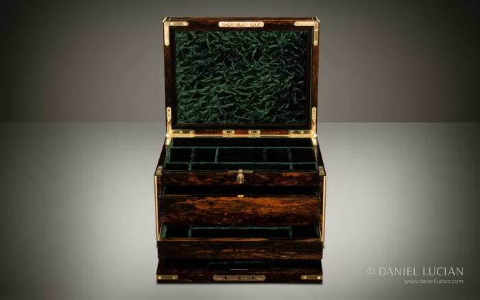 Antique Coromandel Jewellery Box with Two Drawers and Secret Floor Compartment, by Leuchars.