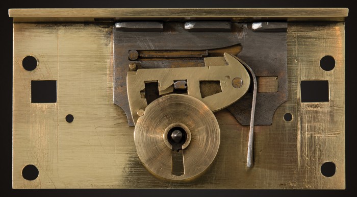 Front view of the internal mechanism of a Chubb 'Definitive' Detector lock with fitted 'Barrel and Curtain', from 1849.