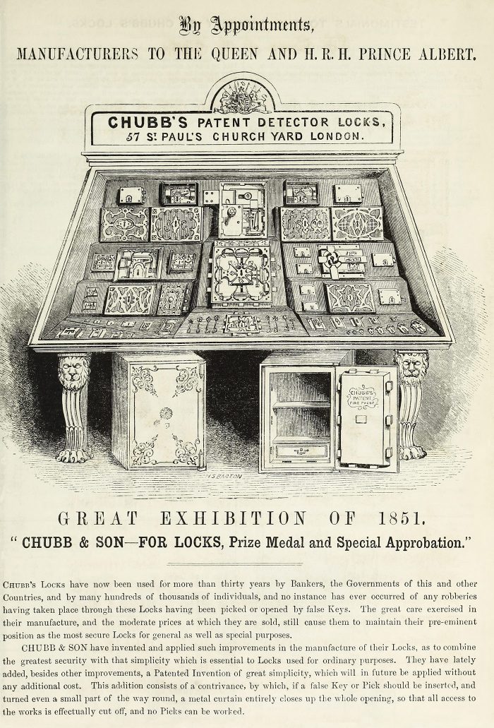 Chubb Detector lock advertisement taken from the 'Paris Universal Exhibition 1855 - Catalogue of the Works Exhibited in the British Section of the Exhibition'.
