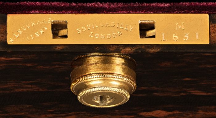 An 1870 'W. Leuchars Patent' lock taken from a miniature antique jewellery box in coromandel by Leuchars & Son.