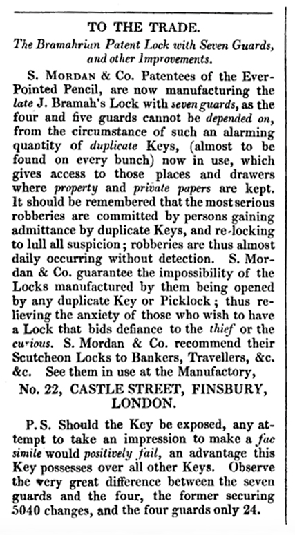 Advertisement for 'The Bramahrian Patent Lock with Seven Guards and other Improvements' by S. Mordan & Co. from 1830.