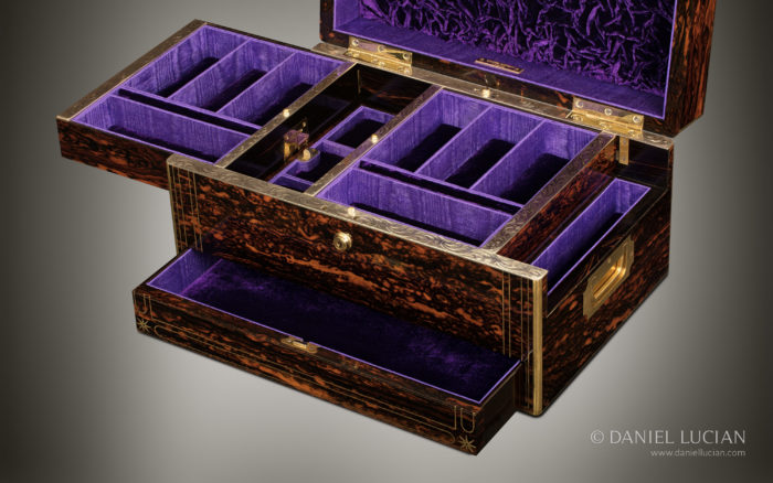 Antique Jewellery Box in Coromandel with Extending Side Trays and Spring-Loaded Rising Central Tray