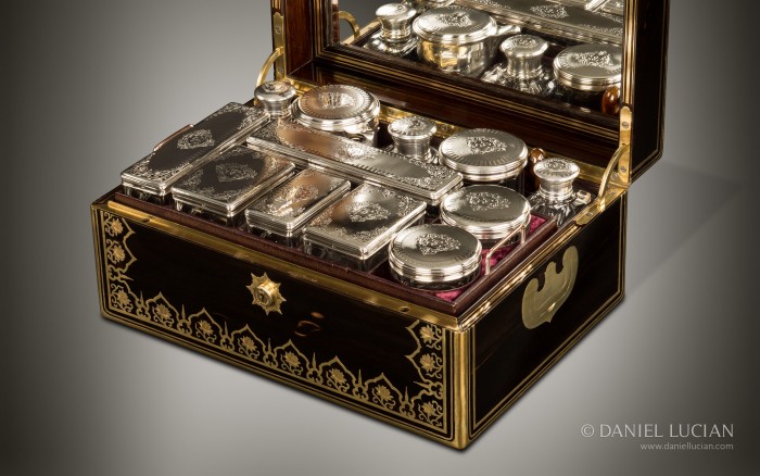 Antique Nécessaire de Voyage Dressing Case in Ebony with Floral Brass Inlay by Aucoc Ainé à Paris.