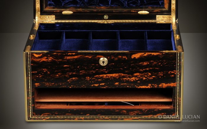 Coromandel antique jewellery box with drawers and secret floor compartments.