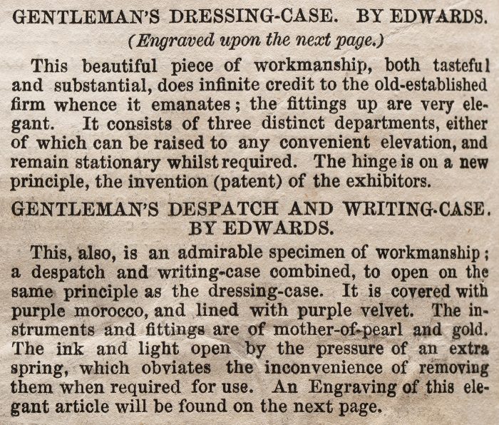 Description of the gentleman’s dressing case and writing case by Edwards, entered into the 1851 Great Exhibition.