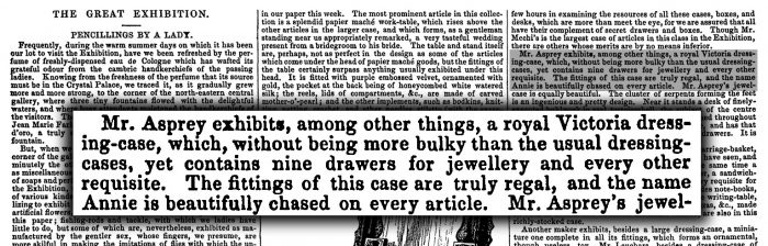 A description of the Asprey dressing case taken from the ‘The Lady’s Newspaper’, September 6th 1851.