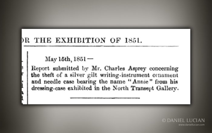 Crime report submitted by Charles Asprey two weeks into the Great Exhibition.