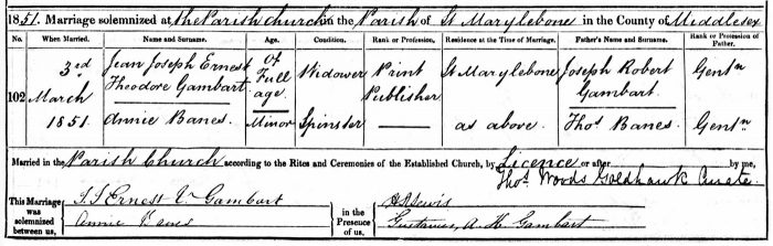 Ernest and Annie Gambart's marriage certificate from the 3rd March 1851.