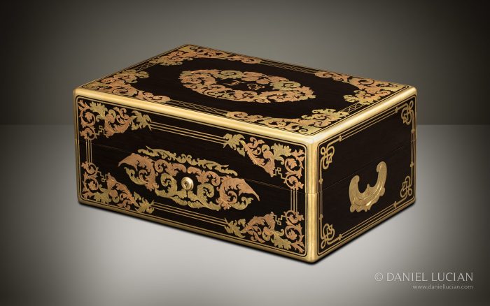 French Antique Jewellery Box in Ebony with Yellow & Rose Brass Inlay.
