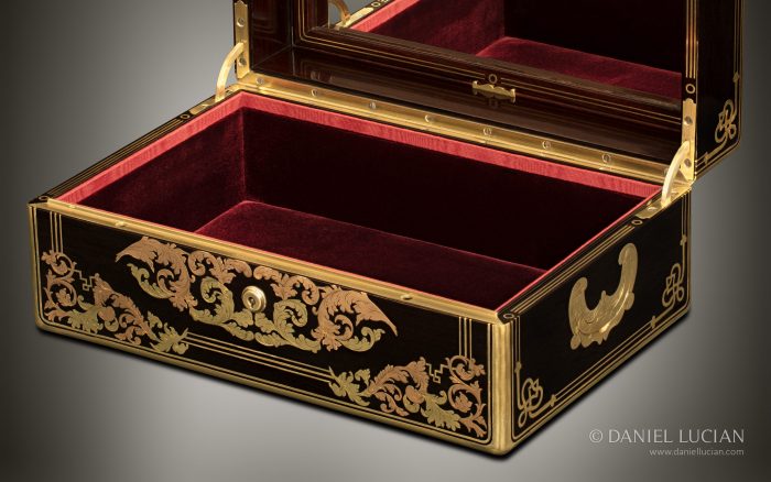 French Antique Jewellery Box in Ebony with Yellow & Rose Brass Inlay.