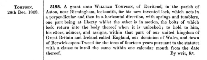 Acknowledgement of William Tompson's lock patent.