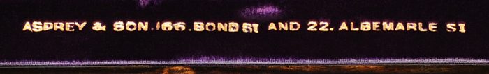 'Asprey & Son. 166 Bond St and 22. Albermarle St' gold tooled into velvet.