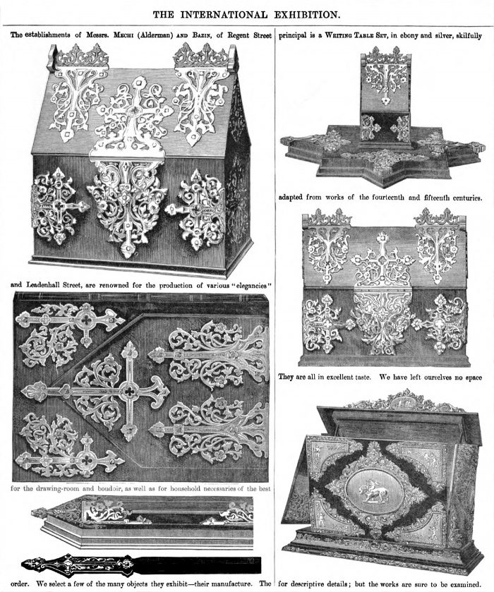 An illustration of a writing table set by Mechi & Bazin taken from 'The Art Journal Illustrated Catalogue of the International Exhibition 1862'.