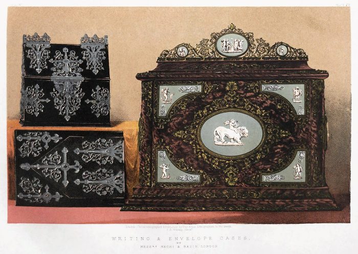 An illustration of writing and envelope cases by Mechi & Bazin taken from the ‘Masterpieces of Industrial Art & Sculpture at the International Exhibition, 1862’ by J.B Waring.