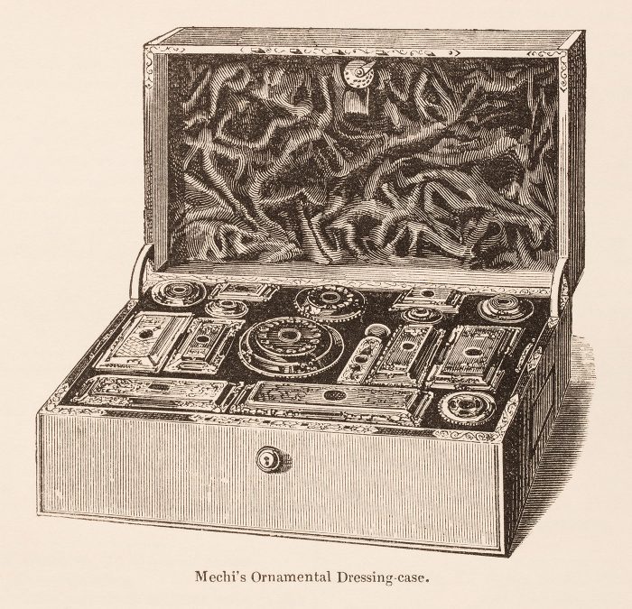 An illustration of Mechi's ornamental dressing case taken from the ‘Official Descriptive And Illustrated Catalogue Of The Great Exhibition Of The Works Of Industry Of All Nations 1851’.