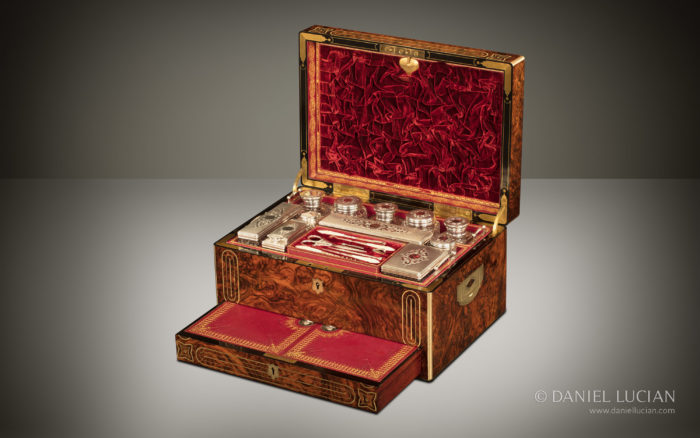 Antique Dressing Case in Burr Walnut with Silver Fittings, by F. L Hausburg.